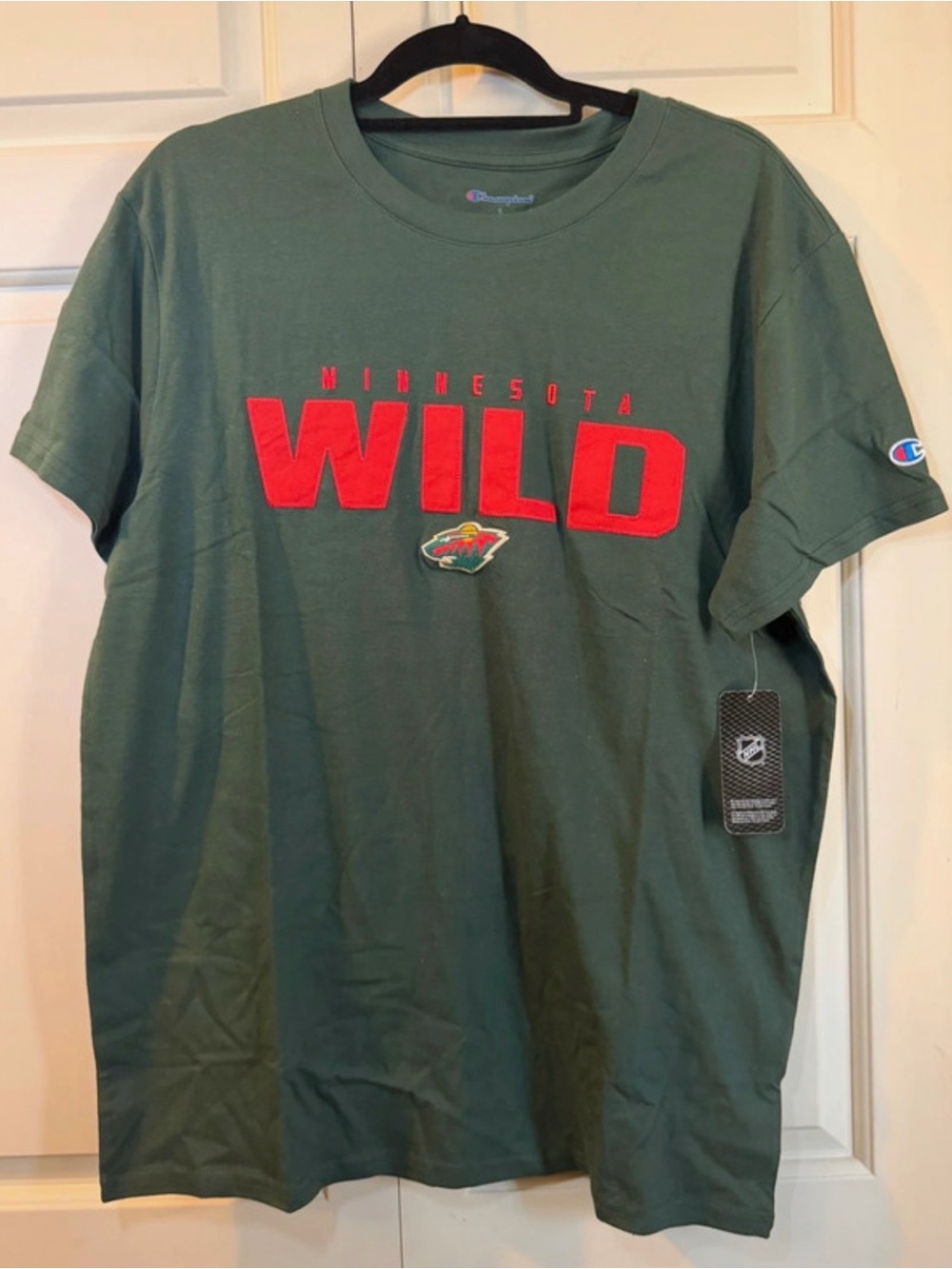 NHL Green Minnesota Wild Tee with Red Logo